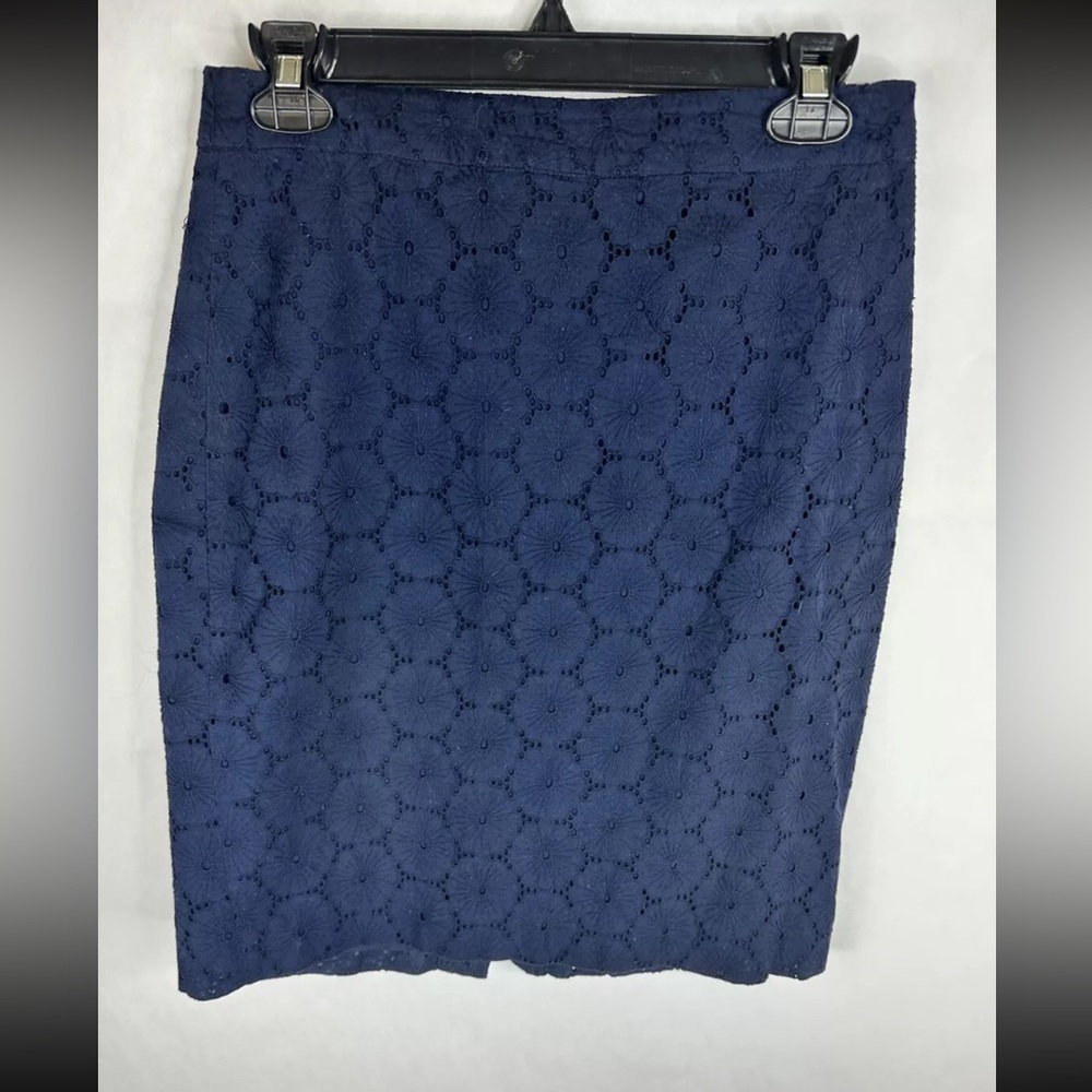 J. Crew Skirt Womens 0 Blue Pencil Straight Eyelet Lined 100% Cotton Floral